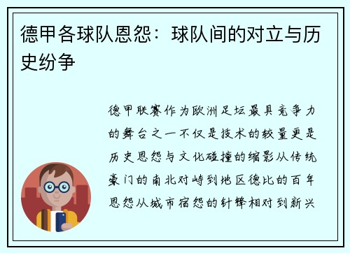 德甲各球队恩怨：球队间的对立与历史纷争