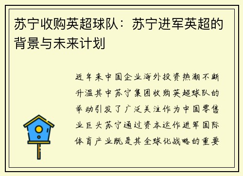 苏宁收购英超球队：苏宁进军英超的背景与未来计划