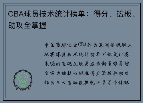 CBA球员技术统计榜单：得分、篮板、助攻全掌握